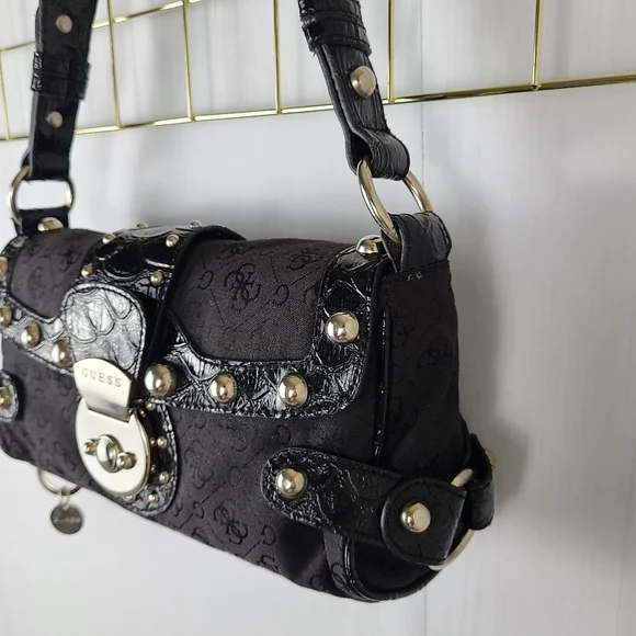 Guess Y2K Vintage Monogram Studded Baguette Charm Shoulder Bag